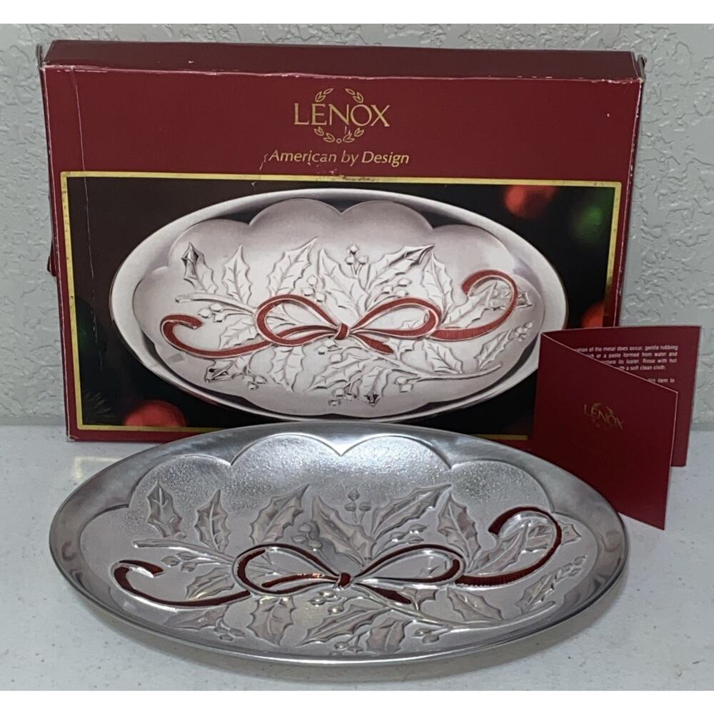 Lenox Holiday Christmas Carved Small Tray Holly Mistletoe Bow Silver Alloy 10”